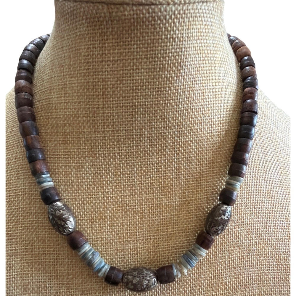 Vintage Boho Wood and Heishi Bead Necklace Engraved Silver Tone Accents Boho